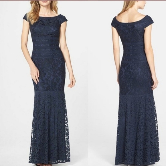 Tadashi Shoji Textured Lace Mermaid Gown Navy Blue Size 8 - Picture 1 of 16